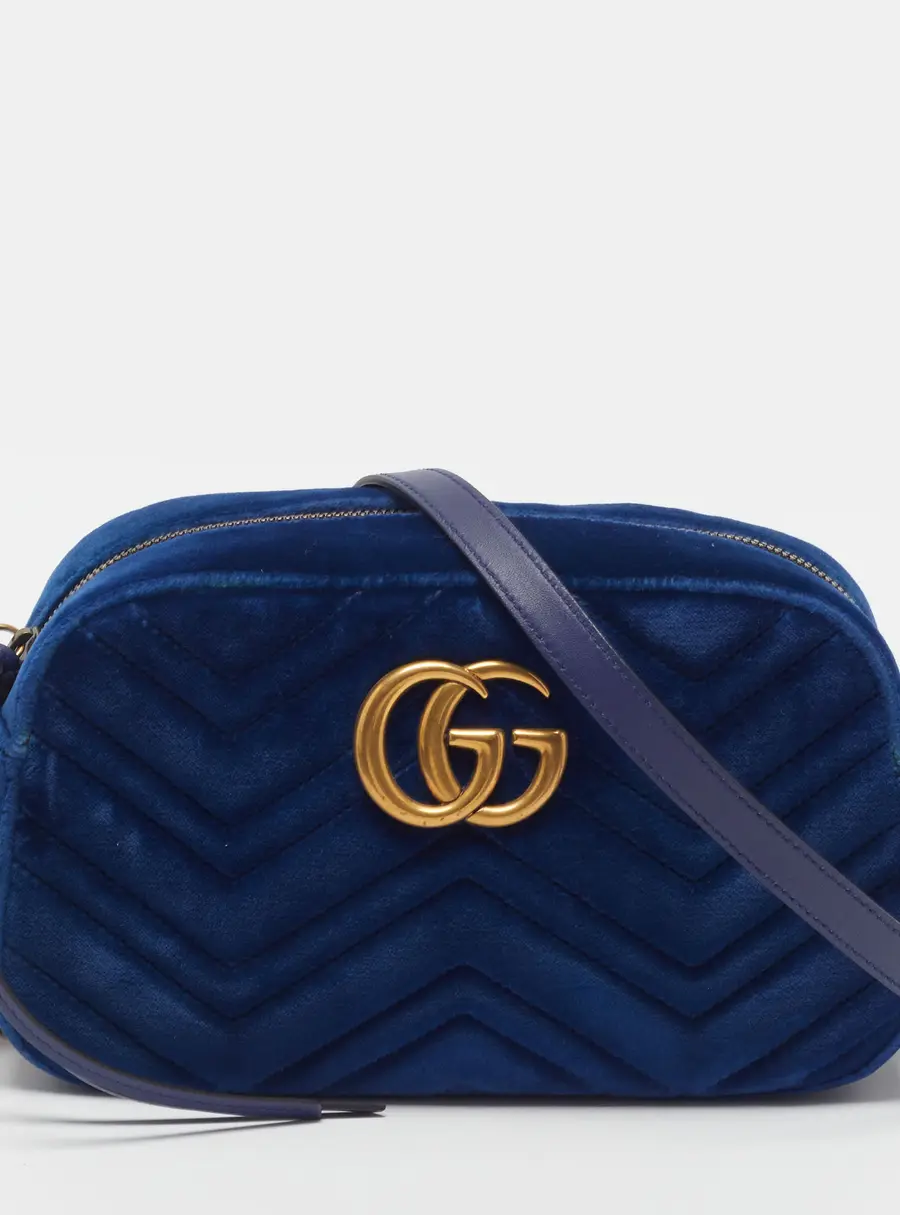 Gucci GG Marmont Small Blue Matelass&eacute; Velvet Camera Bag