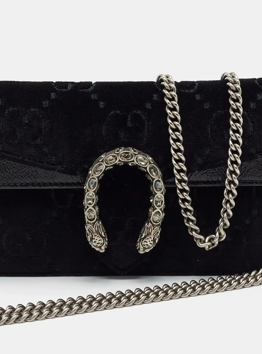 Gucci Dionysus Crystal Super Mini Black GG Velvet and Patent Leather Shoulder Bag