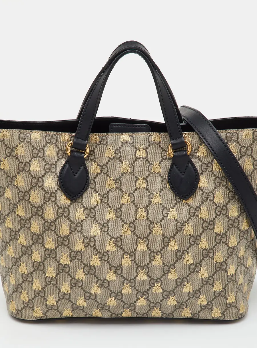 Gucci Beige/Black GG Bee Supreme Canvas and Leather Tote
