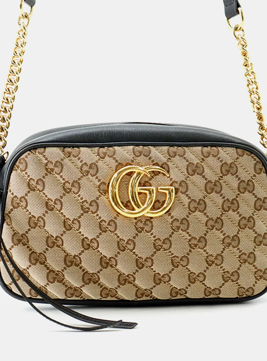 Gucci GG Marmont Small Beige Black GG Canvas Leather Shoulder Bag