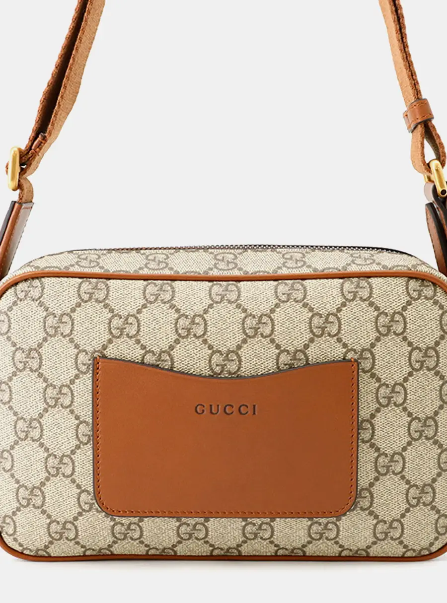 Gucci GG Emblem Small Brown Beige GG Supreme Canvas Leather Crossbody Bag