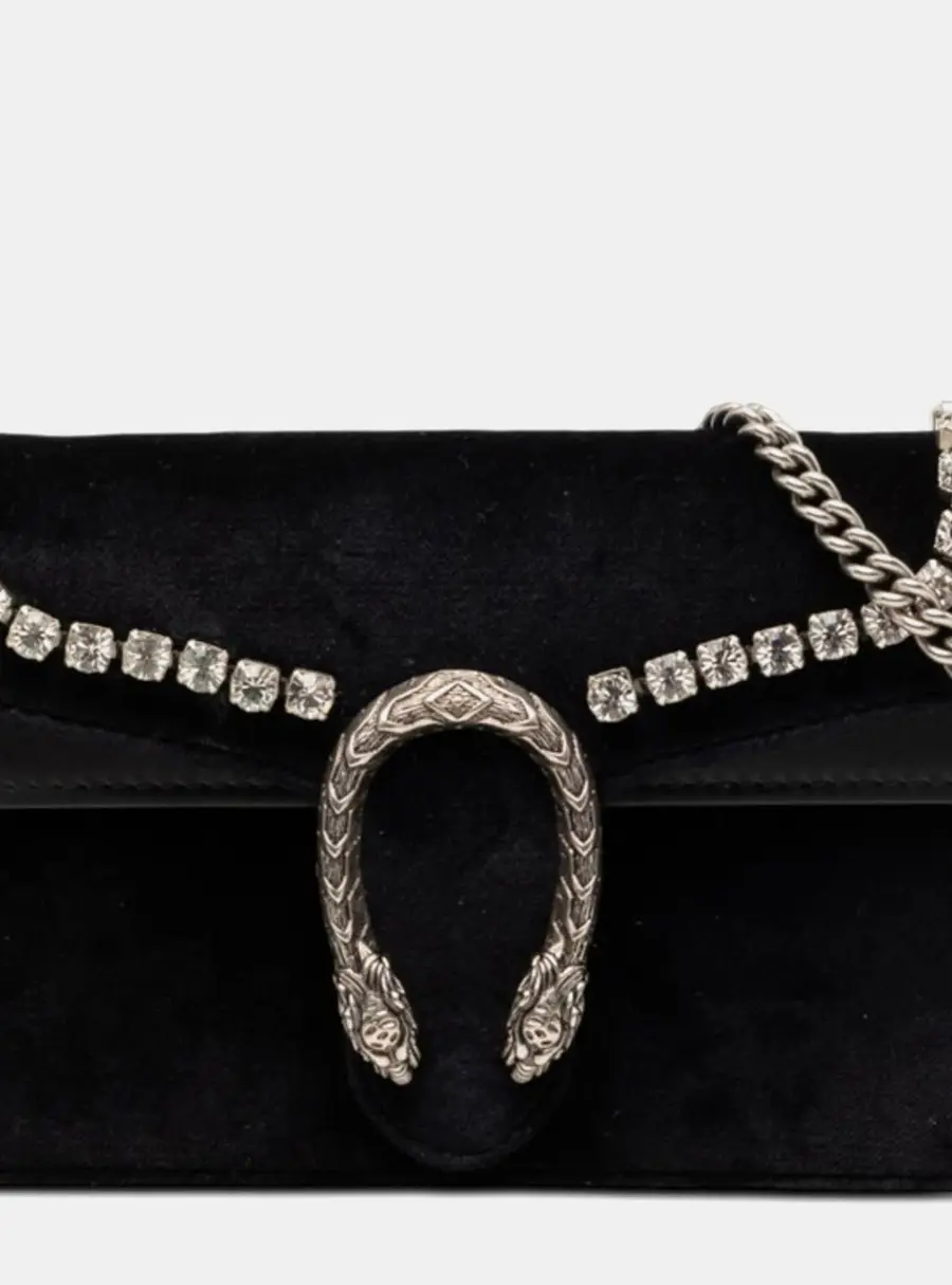 Gucci Dionysus Super Mini Black Velvet Leather Crystal Shoulder Bag