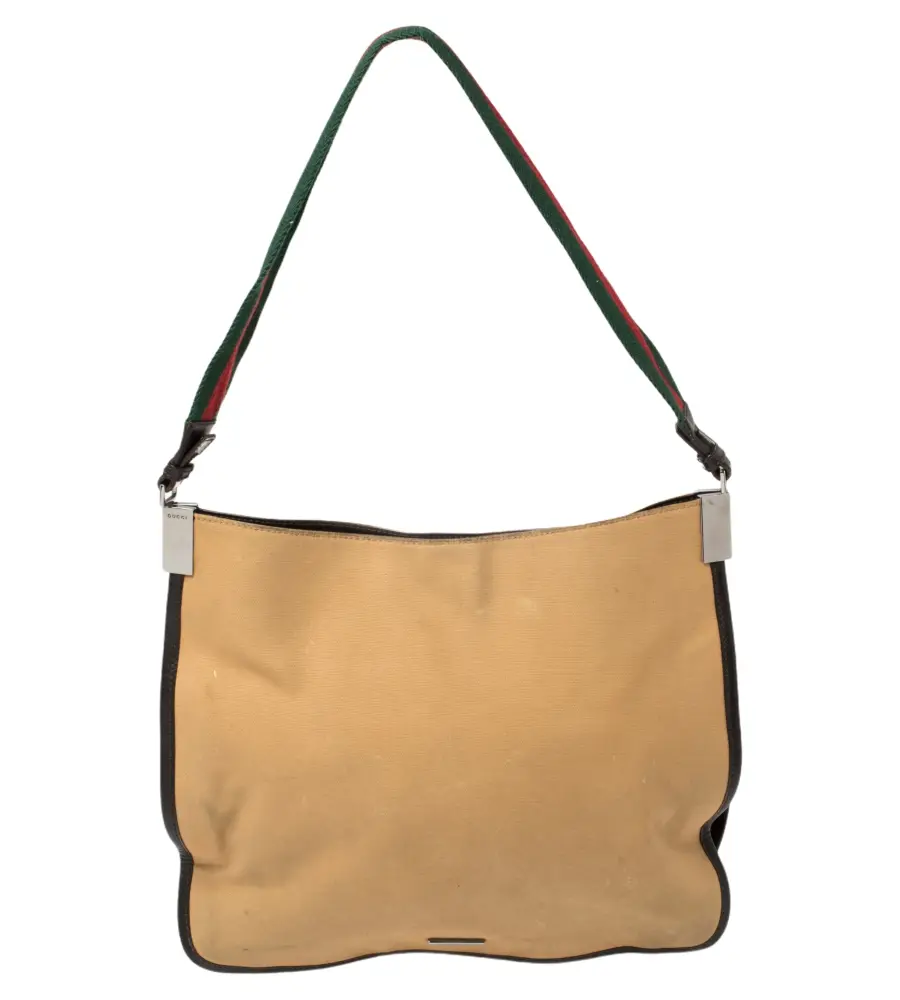 Gucci Khaki Brown Canvas and Leather Trim Web Detail Hobo
