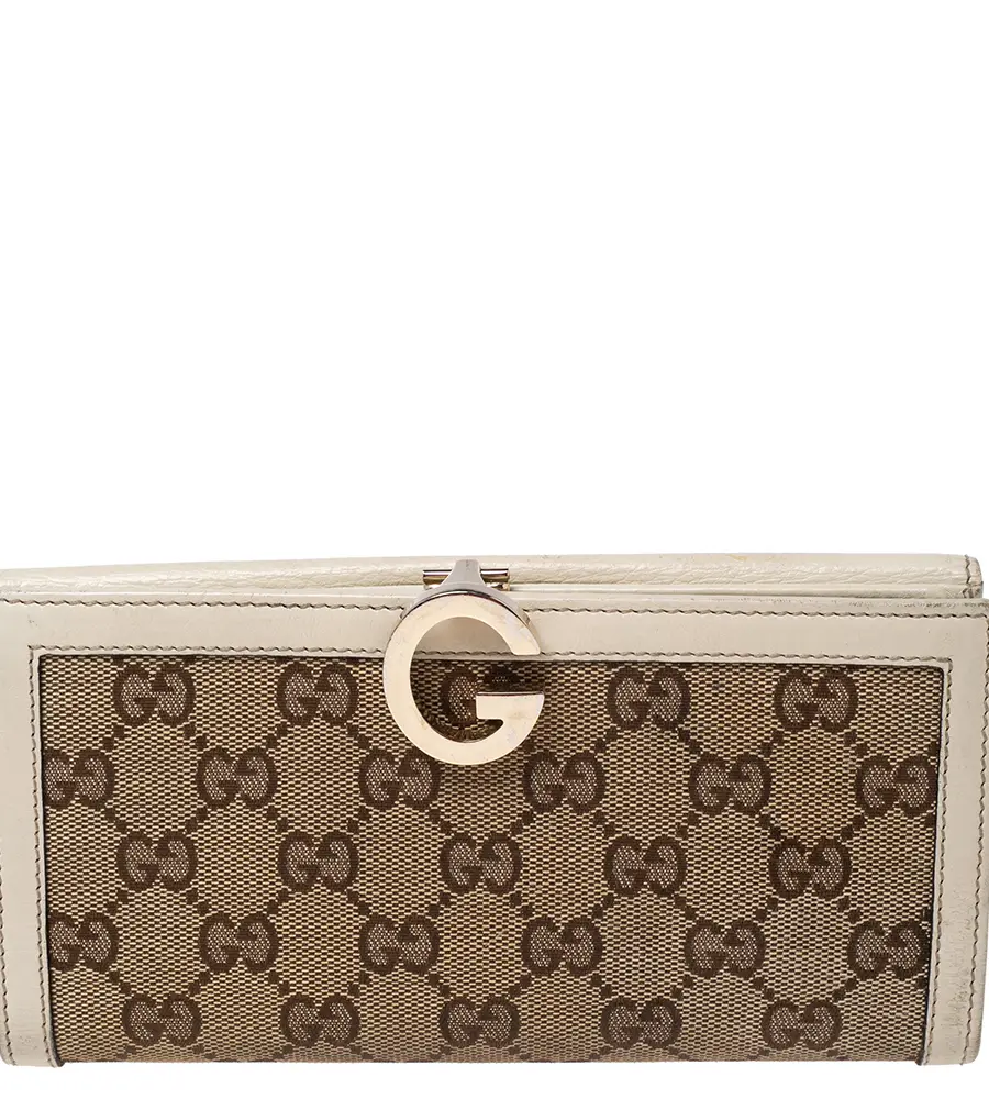 Gucci White/Beige GG Canvas and Leather G Bit Flap Continental Wallet