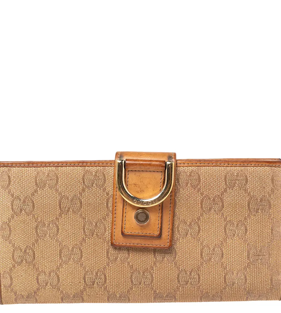 Gucci Metallic Beige GG Canvas and Leather D Ring Continental Wallet