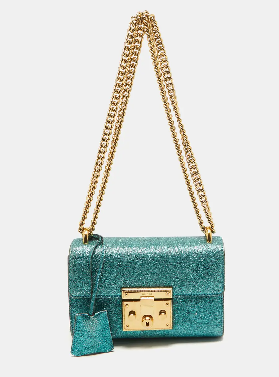 Gucci Metallic Teal Crinkled Leather Small Padlock Shoulder Bag