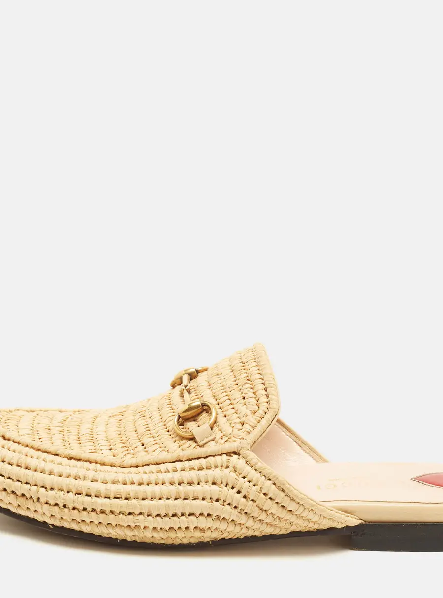 Gucci Princetown Size 37 Beige Woven Straw Horsebit Flat Mules