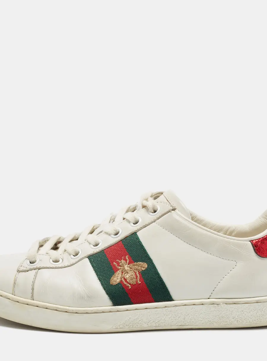 Gucci Ace Size 36.5 White Leather and Python Embossed Web Bee Embroidered Low Top Sneakers
