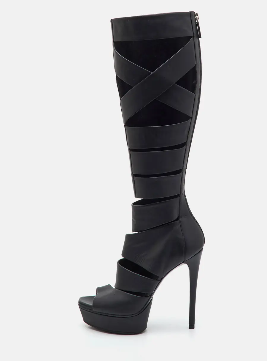 Gucci Helena Size 36.5 Black Cut-Out Leather Gladiator Platform Knee Length Boots