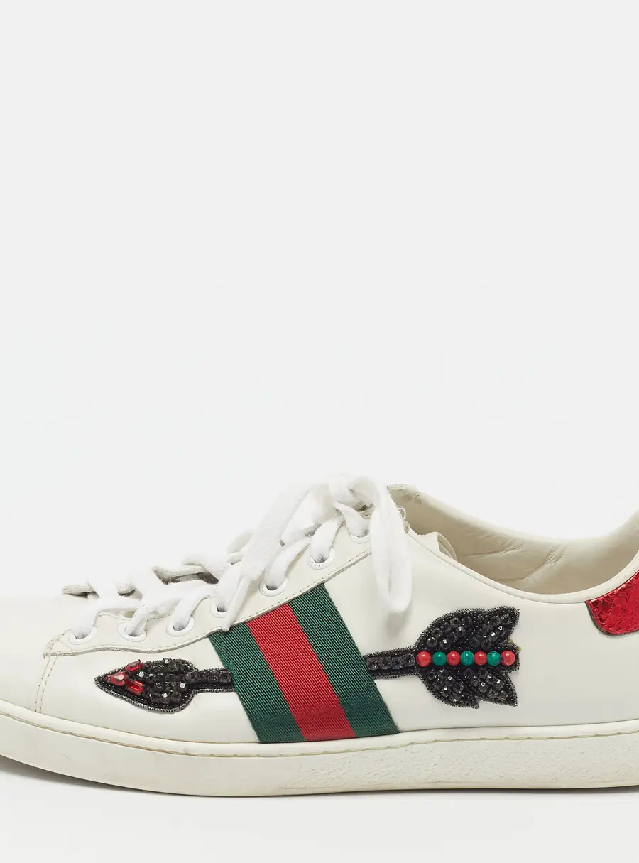 Gucci Ace Size 37 White Leather and Python Embossed Leather Web Arrow Embellishment Low Top Sneakers