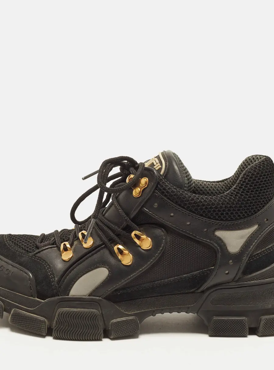 Gucci Flashtrek Size 39 Black Leather and Suede Removable Crystals Lace Up Sneakers