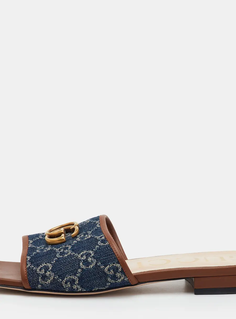 Gucci Jolie Size 39.5 Navy Blue/Brown GG Denim and Leather Slide Sandals