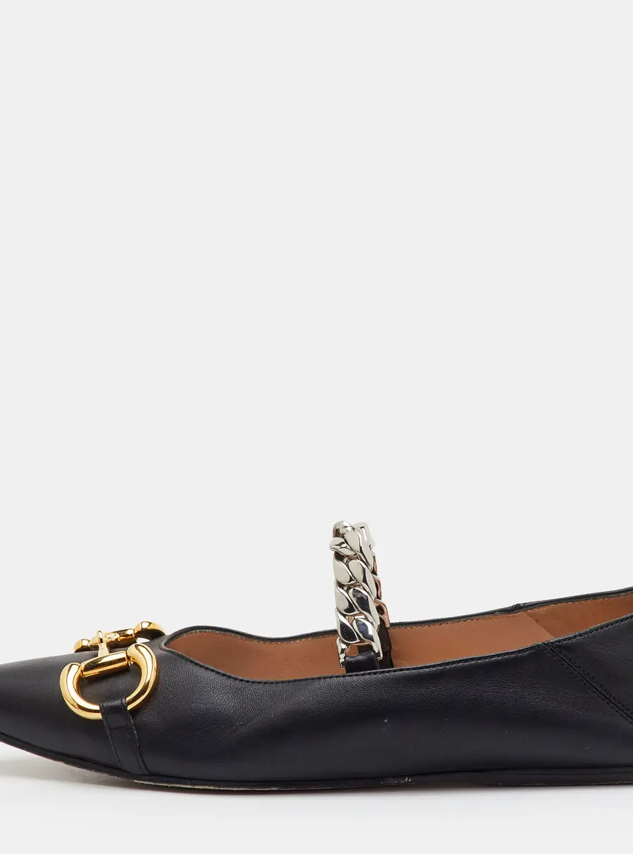 Gucci Deva Size 37.5 Black Leather Horsebit Chain Ballet Flats