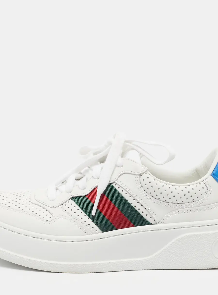 Gucci Chunky B Size 35.5 White Perforated Leather Web Lace Up Sneakers