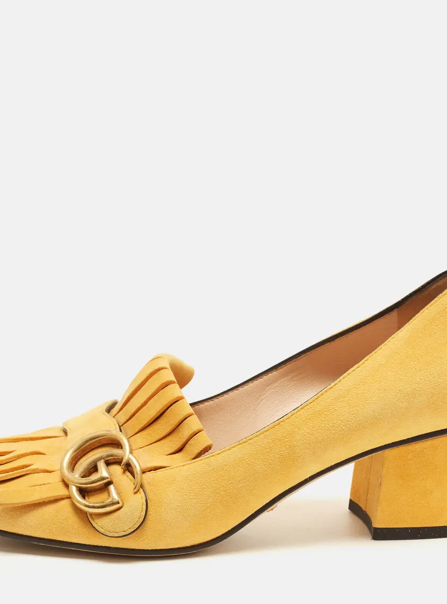 Gucci GG Marmont Fringe Size 37.5 Yellow Suede Block Heel Pumps