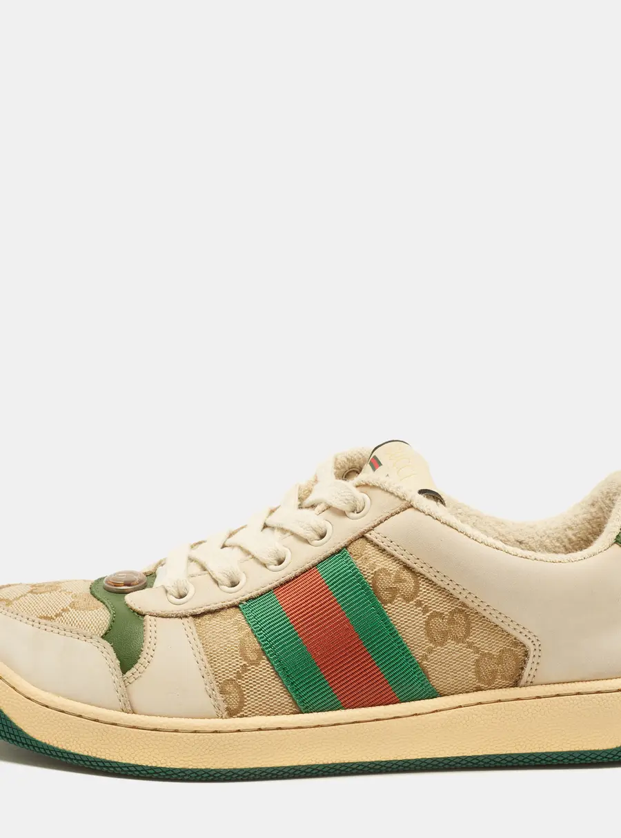 Gucci Screener Size 38 Beige/Green GG Canvas and Nubuck Leather Low Top Sneakers