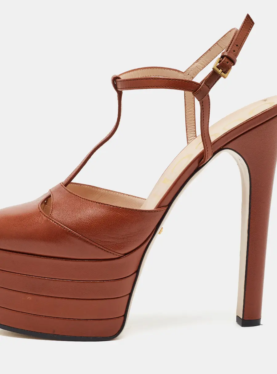 Gucci Angel Size 39.5 Brown Leather Platform T-Strap Sandals