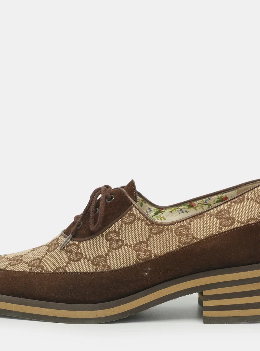 Gucci Bee Embroidered Size 36.5 Brown/Beige GG Canvas and Suede Oxfords