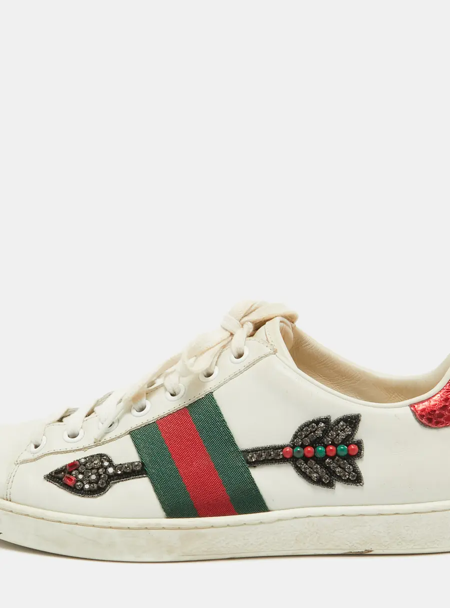 Gucci White Leather Embellished Arrow Ace Sneakers Size 37