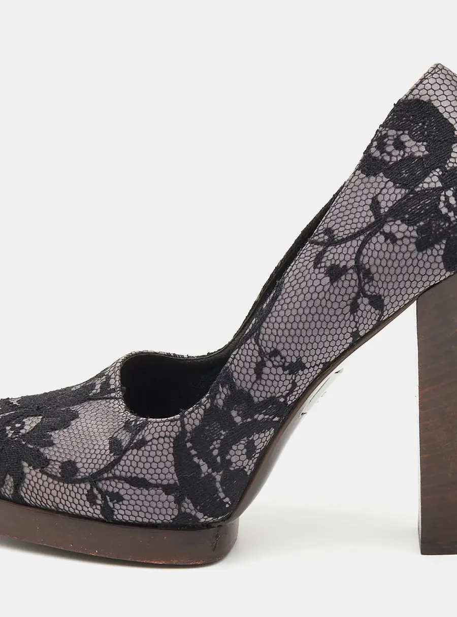 Gucci Black/Grey Floral Lace and Satin Platform Round Toe Pumps Size 37
