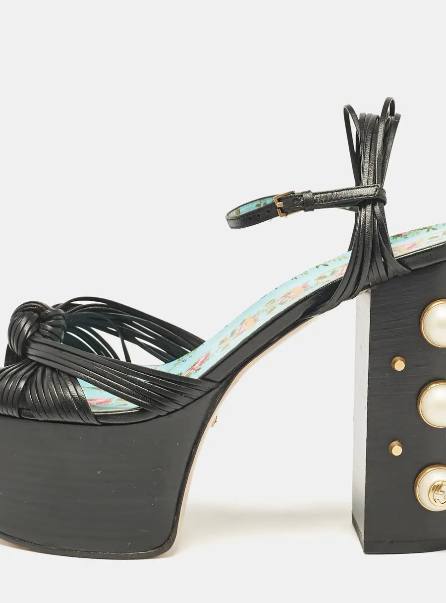 Gucci Black Leather Pearl & Stud Embellished Platform Sandals Size 39