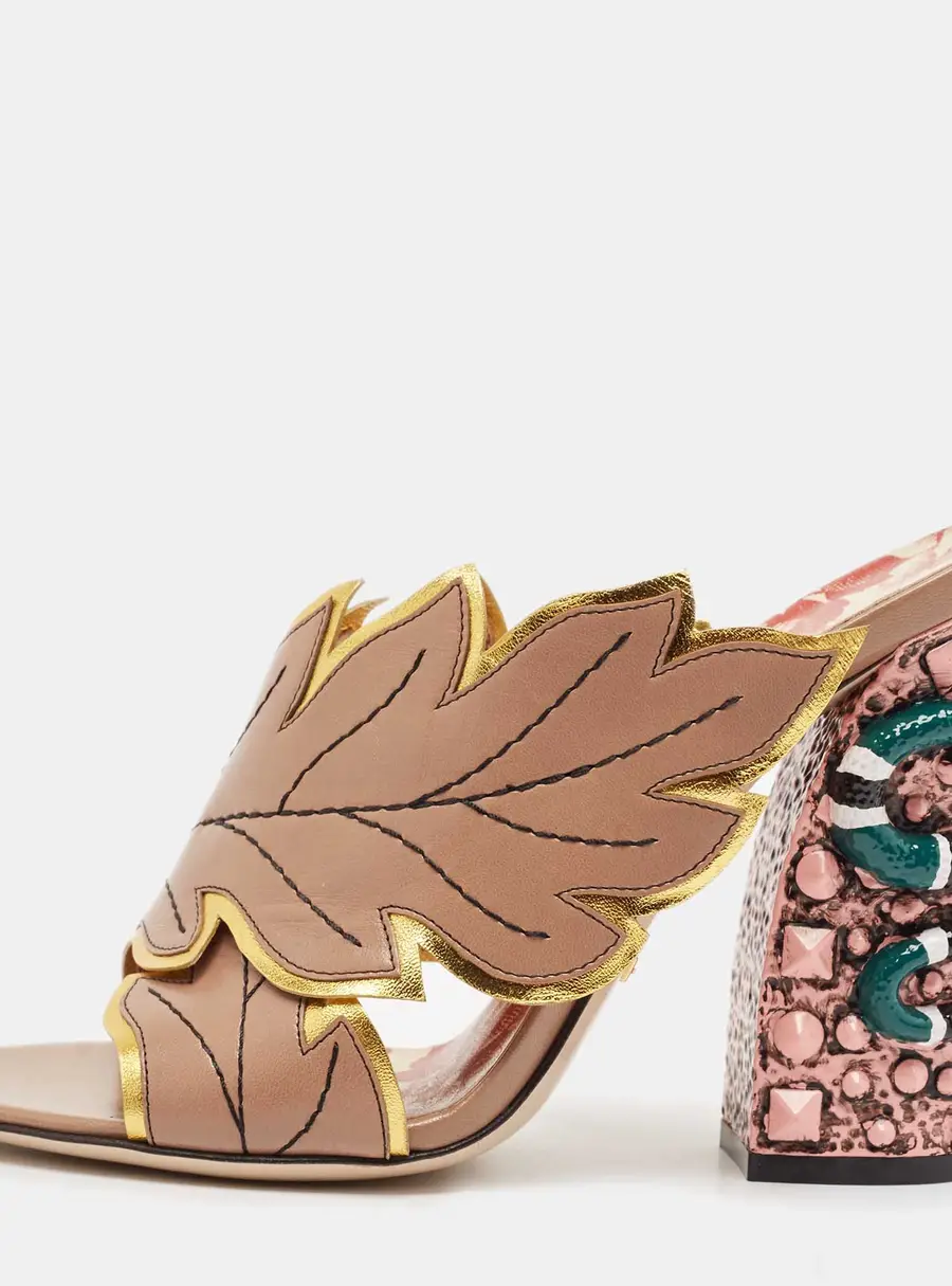 Gucci Beige Leather Leaves Crossover Embellished Heel Peep Toe Mules Size 37.5