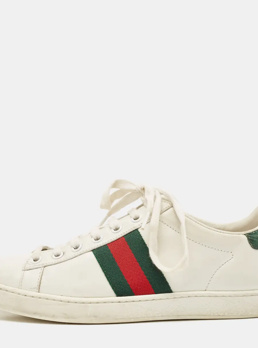 Gucci Ace Size 38 White Croc Embossed Leather and Leather Lace Up Sneakers