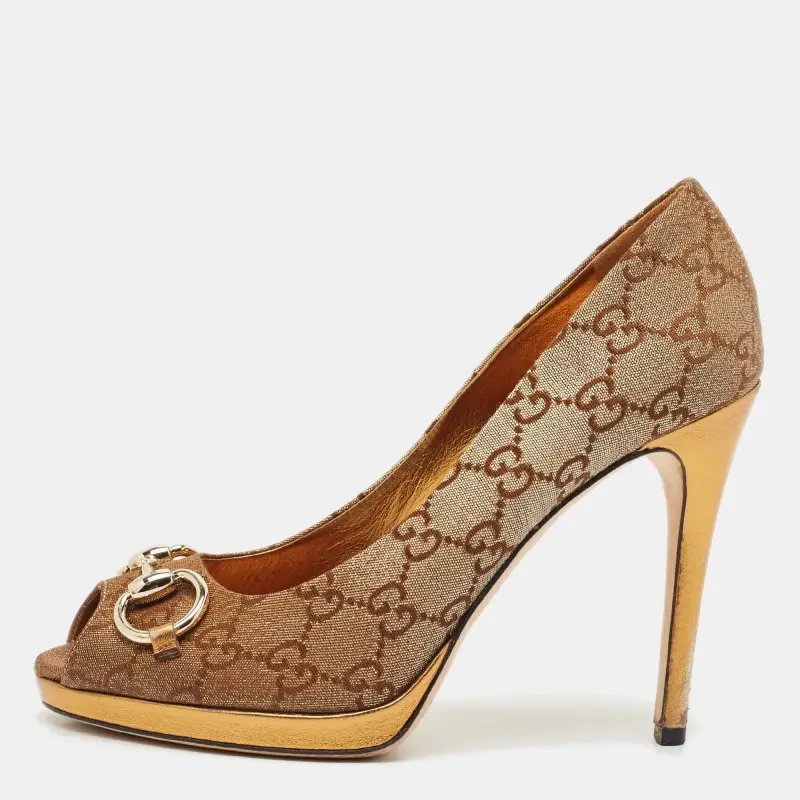 Gucci Bronze GG Fabric Horsebit Peep Toe Platform Pumps Size 37.5