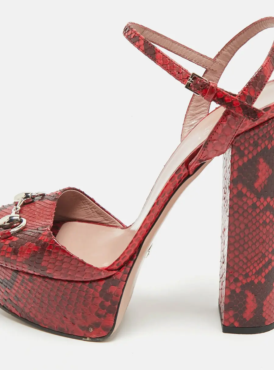 Gucci Red/Burgundy Python Leather Claudie Horsebit Platform Sandals Size 39