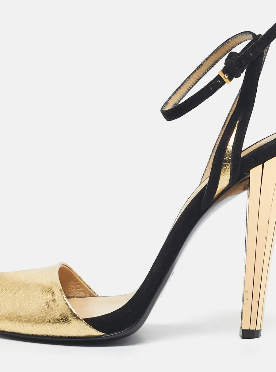 Gucci Gold/Black Leather And Suede Delphine Ankle Strap Sandals Size 37.5