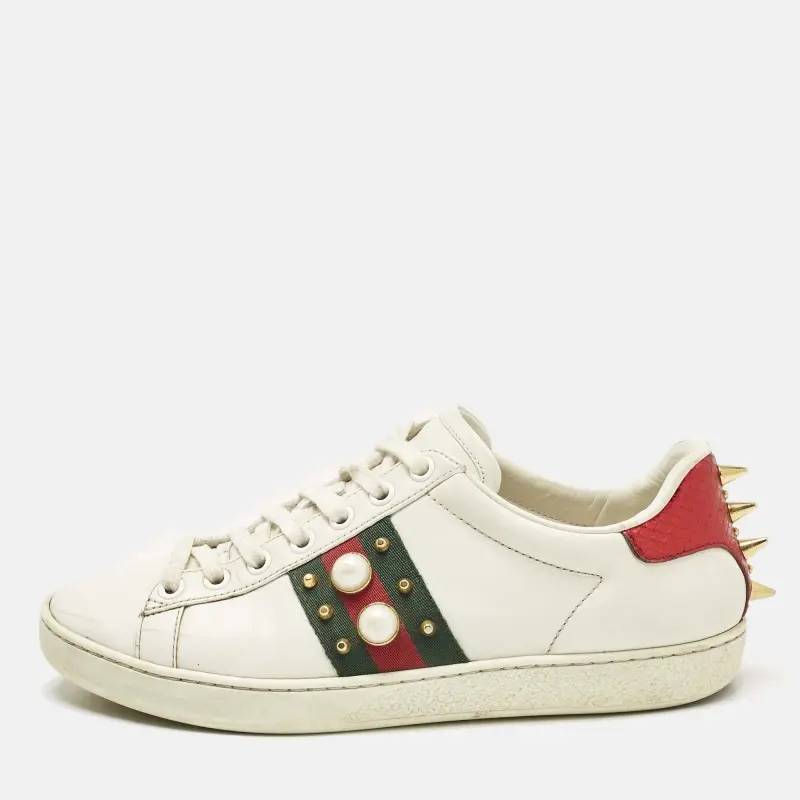 Gucci White Leather Web Detail New Ace Faux Pearl Embellished Low Top Sneakers Size 36