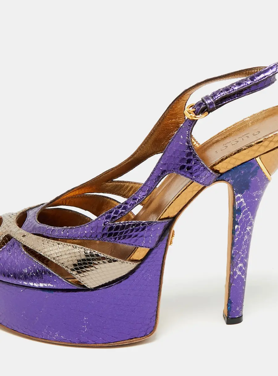 Gucci Blue/Gold Snakeskin Embossed Leather Ankle Strap Sandals Size 39.5