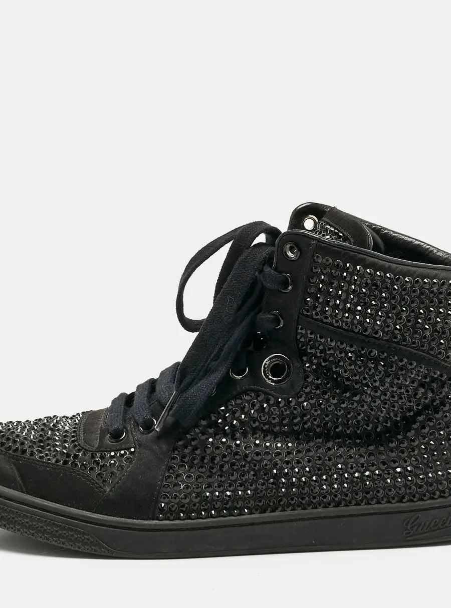 Gucci Black Satin Crystal Embellished Coda High Top Sneakers Size 39