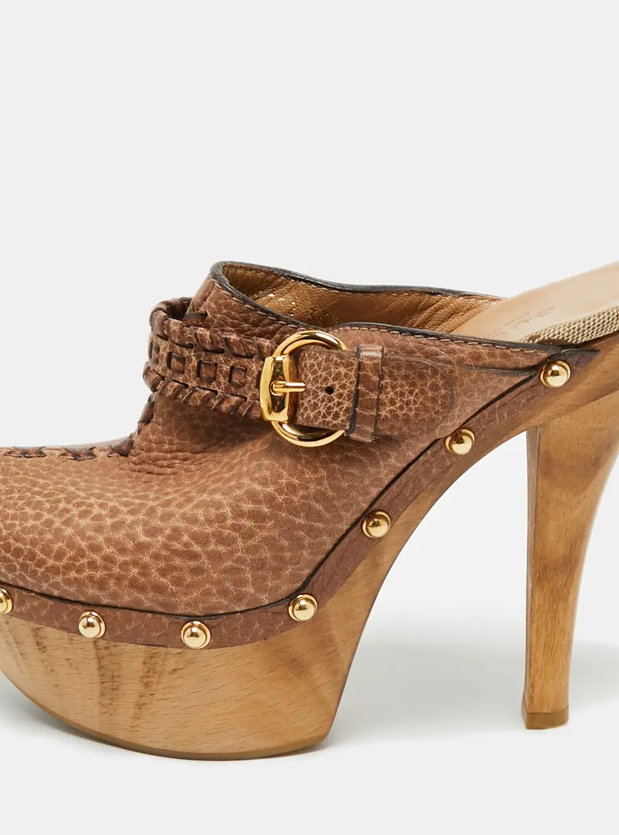 Gucci Brown GG Leather Janis Studded Platform Clogs Size 35.5
