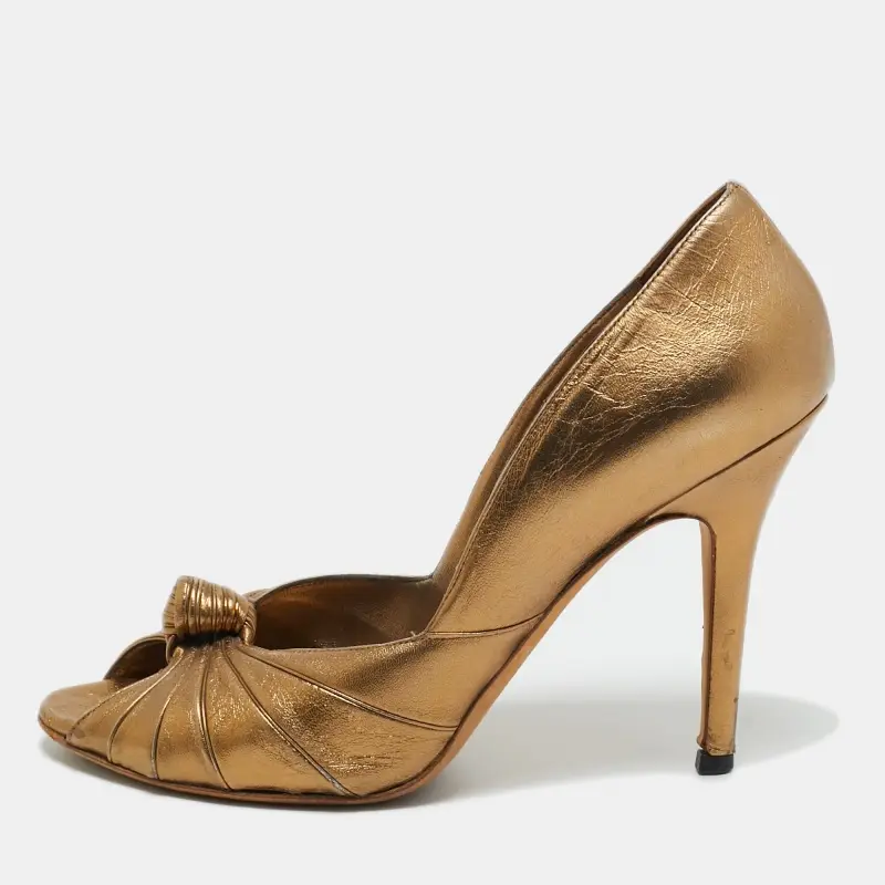Gucci Metallic Bronze Leather Knot Peep Toe Pumps Size 41