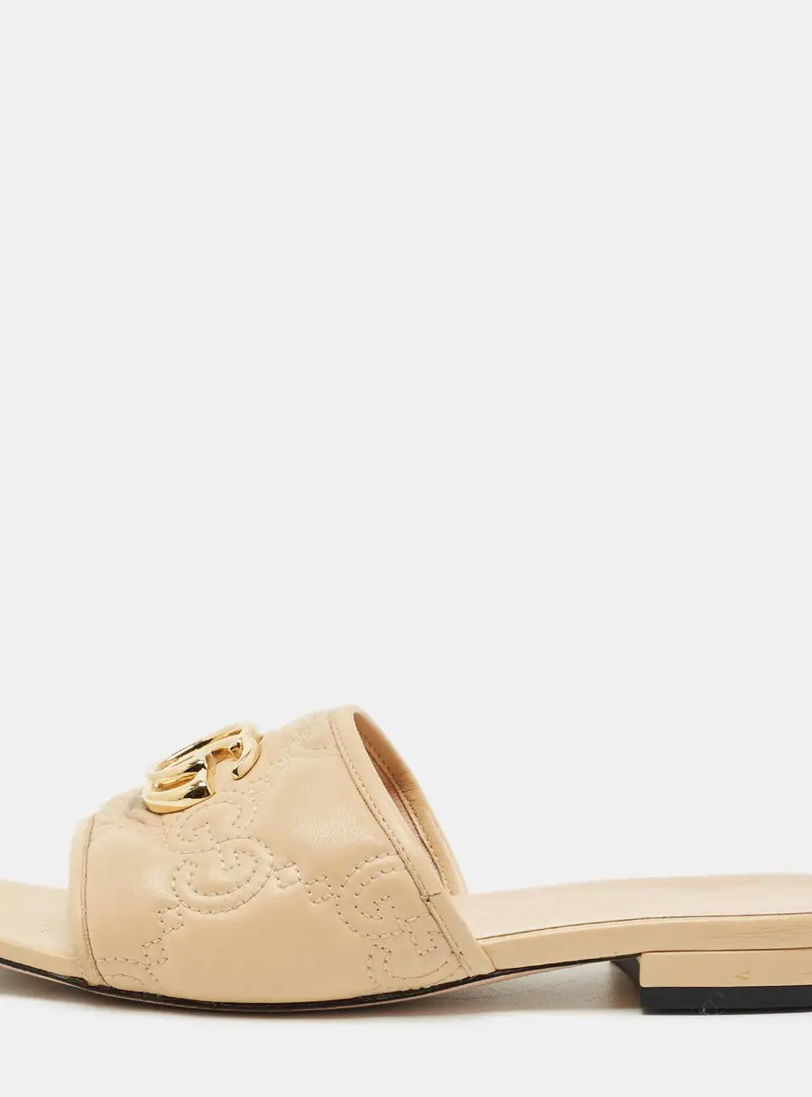 Gucci Beige Leather GG Marmont Flat Slides Size 36