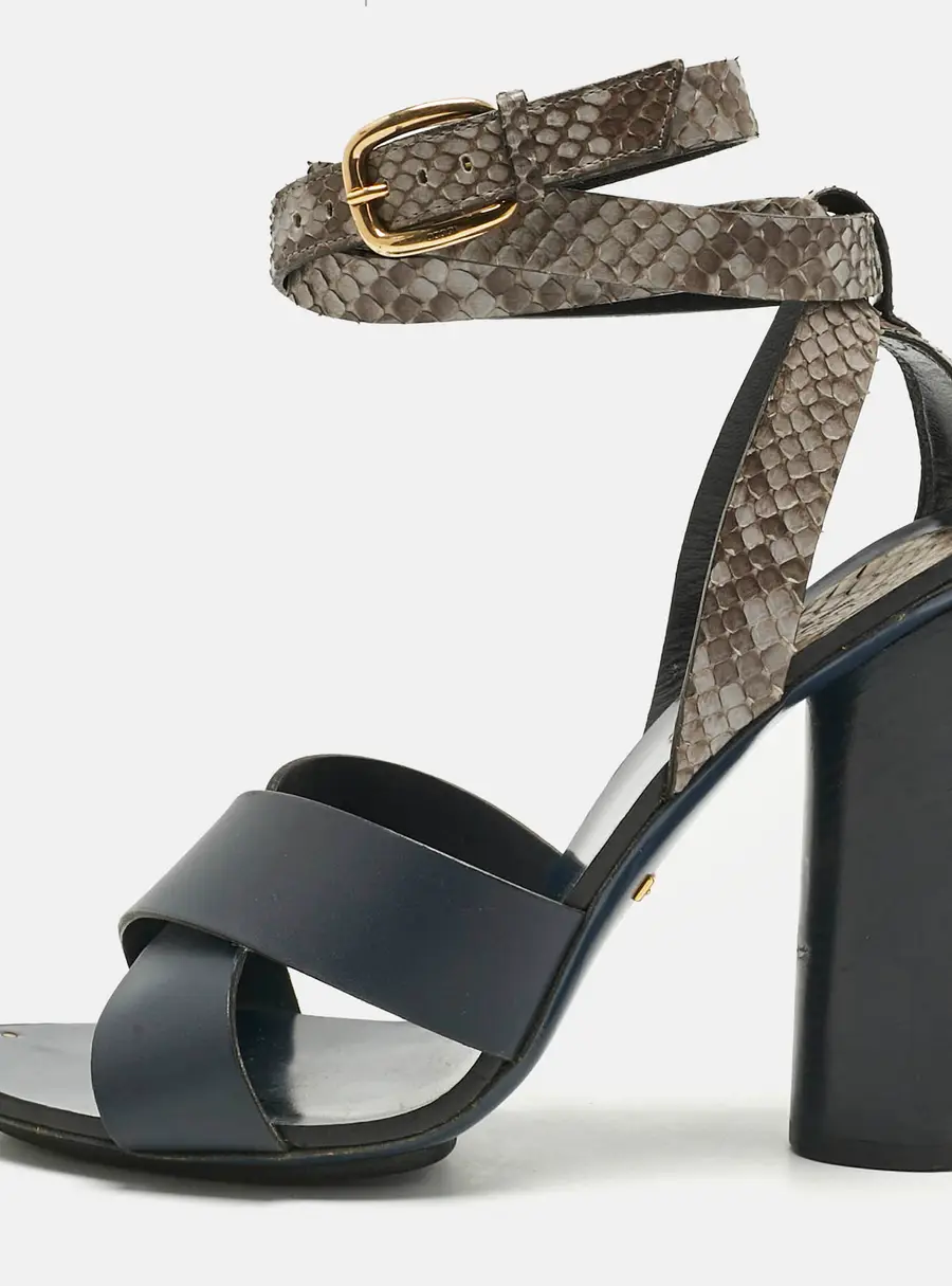 Gucci Navy Blue/Grey Leather and Snakeskin Ankle Strap Sandals Size 38