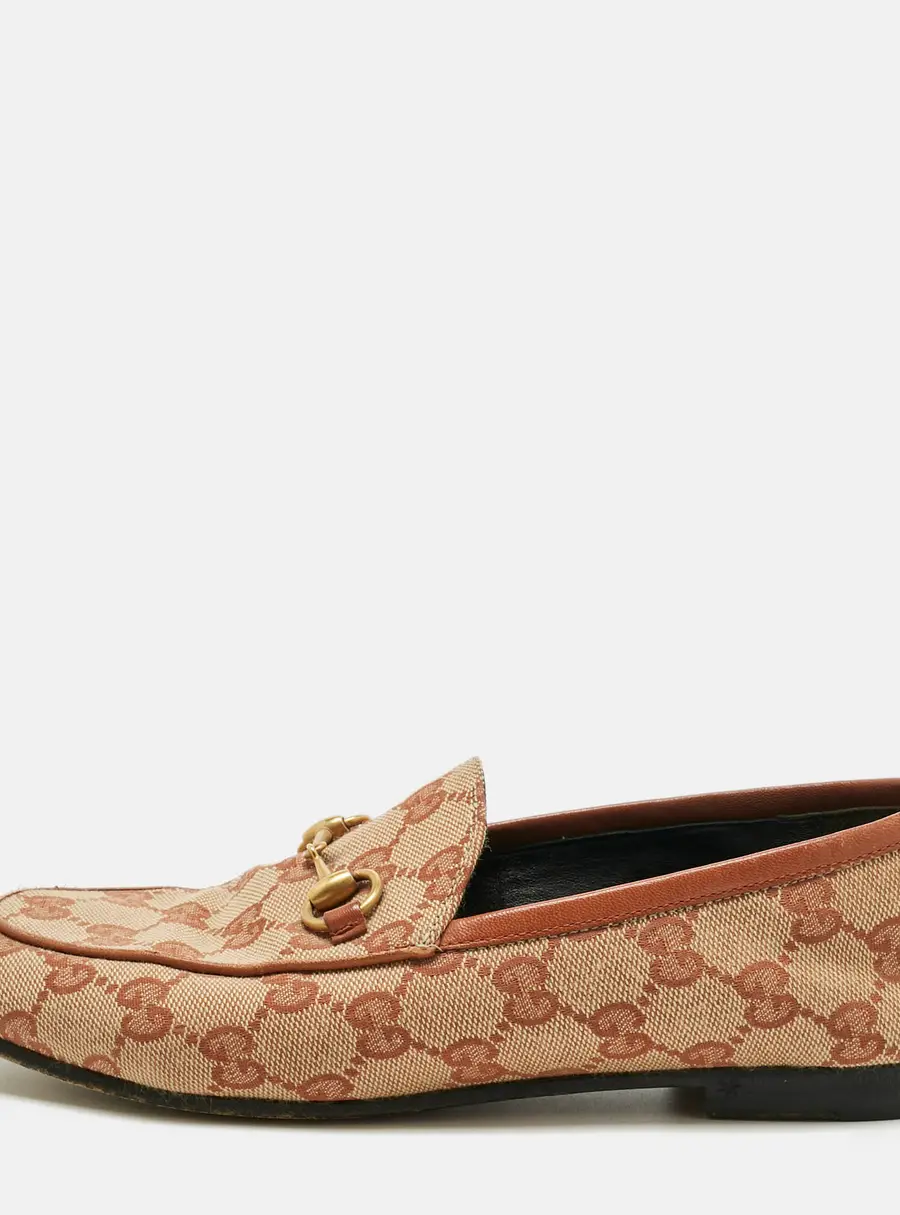Gucci Beige GG Canvas Jordaan Horsebit Loafers Size 36.5