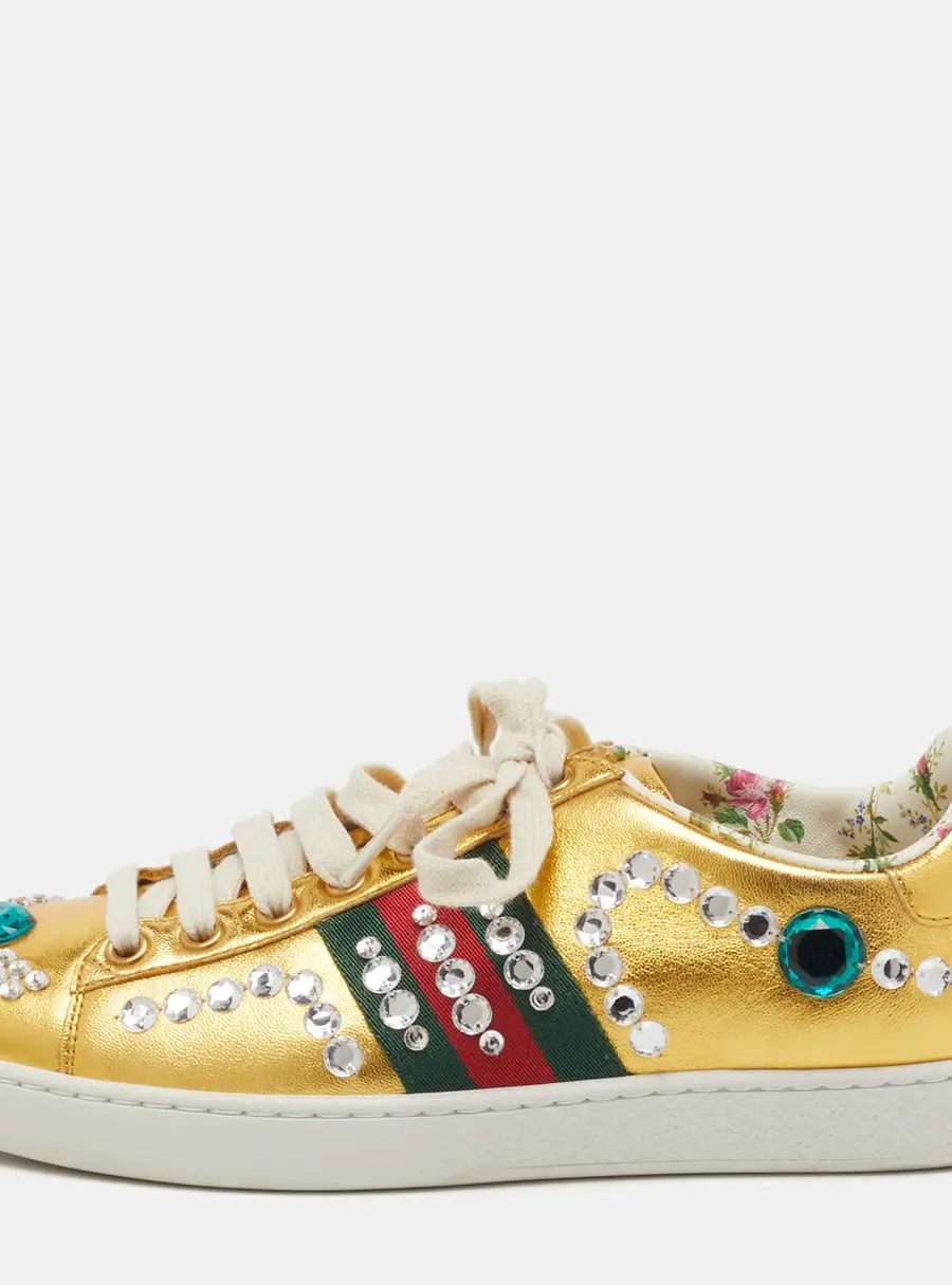 Gucci Metallic Gold Leather Crystal Web Low Top Sneakers Size 35