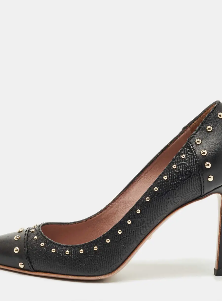 Gucci Black GG Coated Fabric and Leather Studded Pointed Toe Pumps Size 36.5