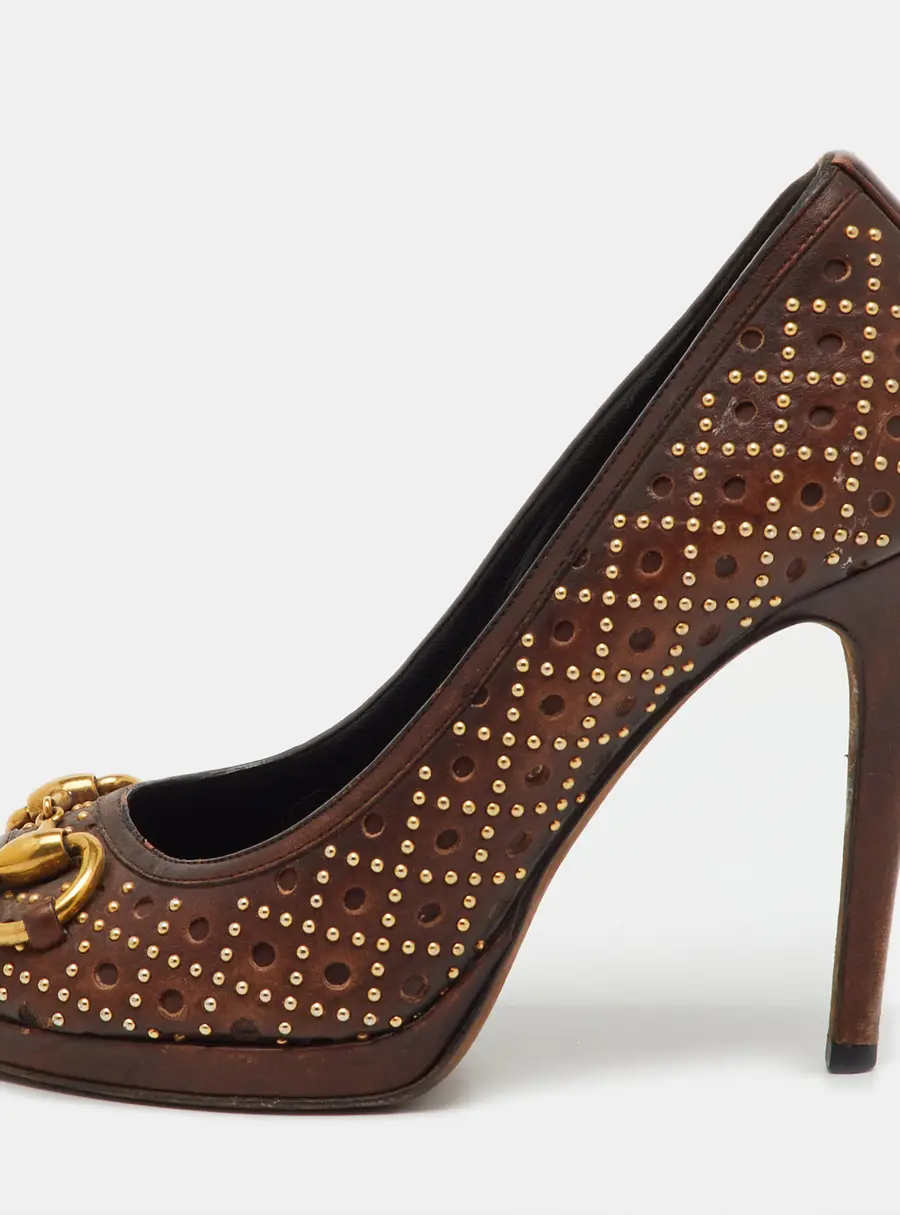 Gucci Dark Brown Leather New Hollywood Studded Horsebit Peep Toe Pumps Size 35