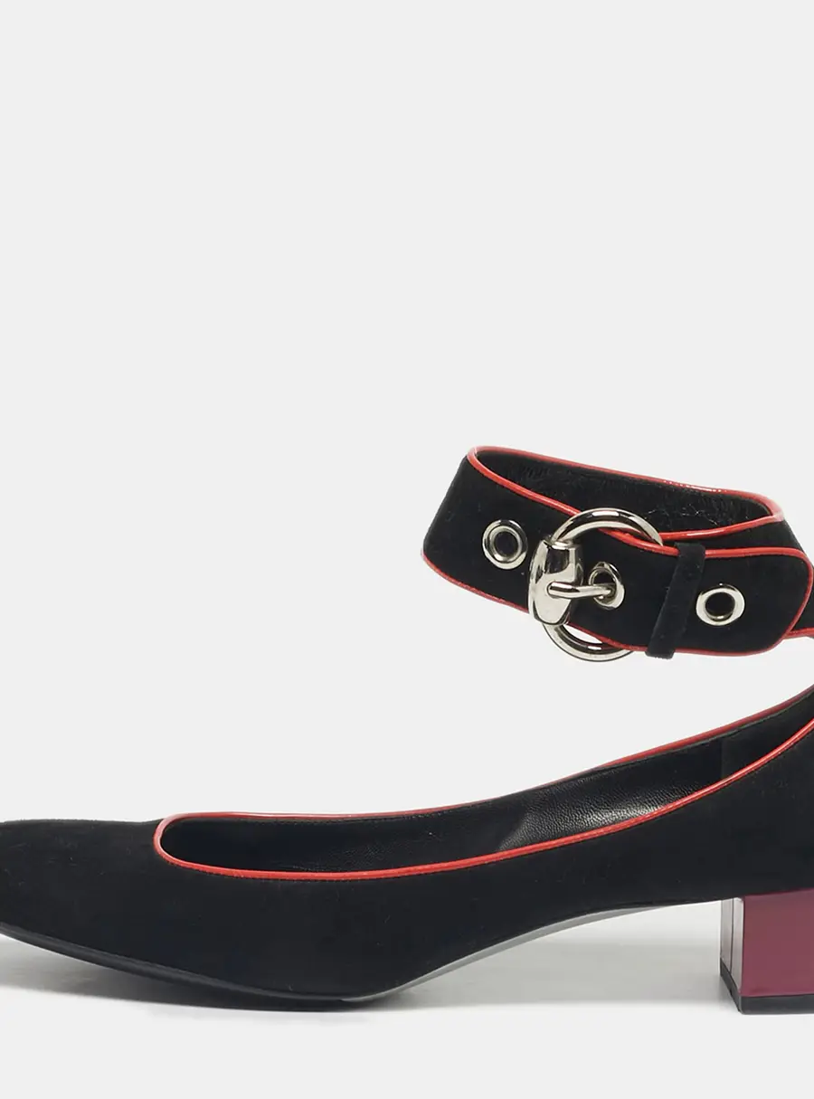 Gucci Black Suede Block Heel Ankle Strap Pumps Size 39