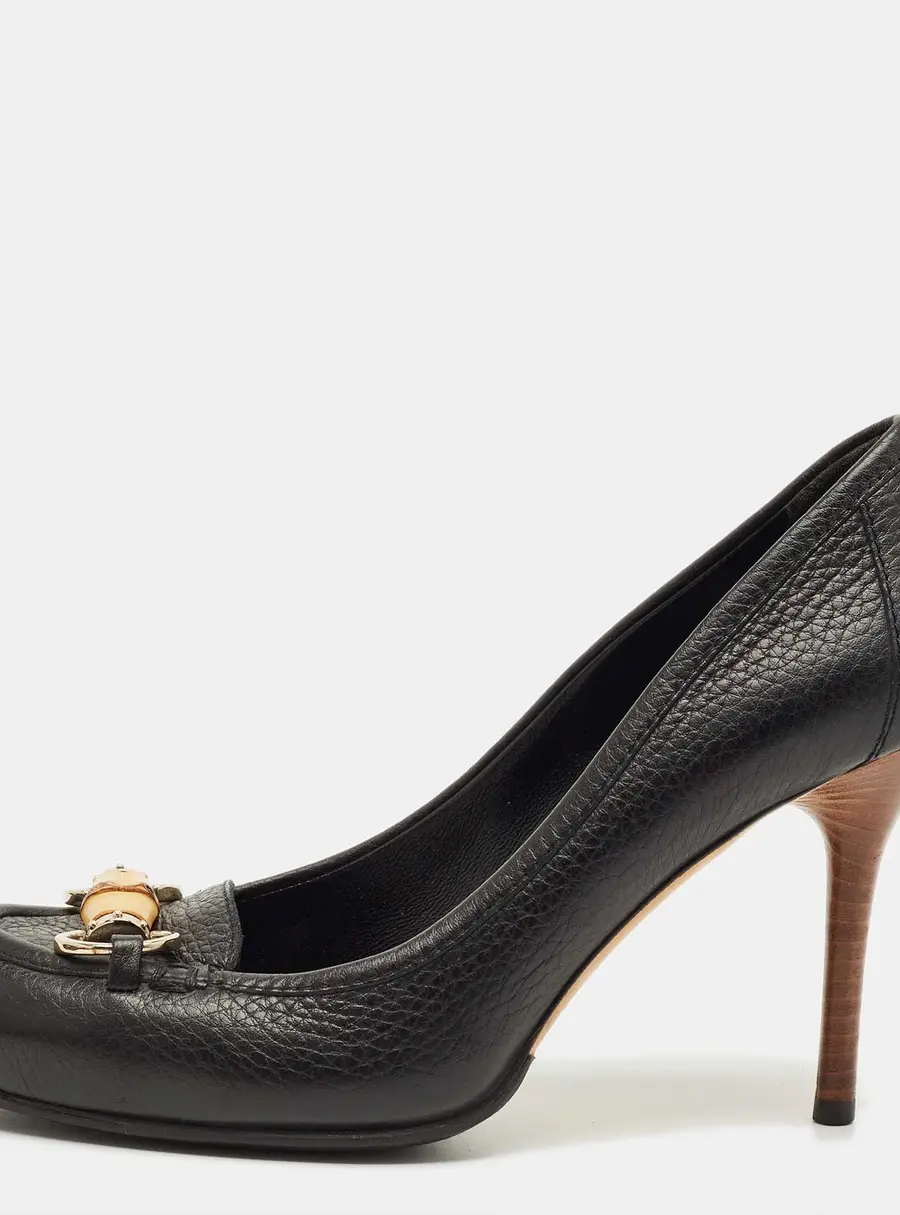 Gucci Black Leather Bamboo Horsebit Loafer Pumps Size 37