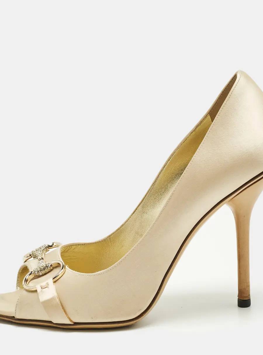 Gucci Beige Satin Horsebit Peep Toe Pumps Size 39