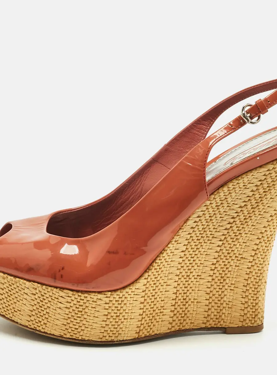 Gucci Coral Red Patent Leather Espadrille Wedge Slingback Pumps Size 41