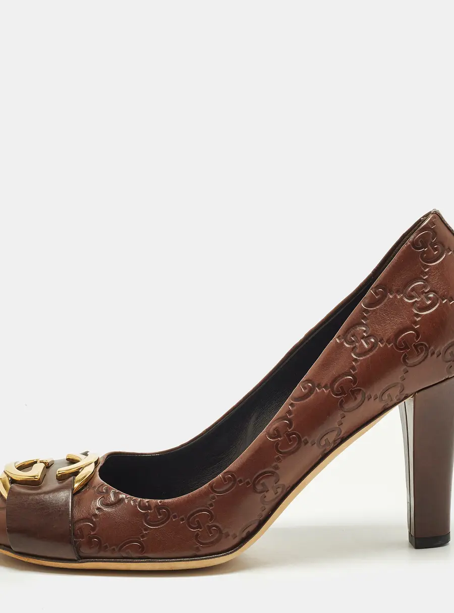Gucci Brown GG Leather Interlocking Logo Round Toe Pumps Size 39.5