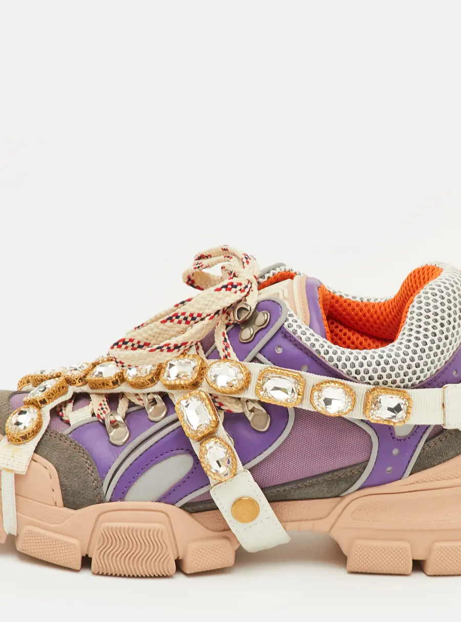 Gucci Flashtrek Size 37.5 Multicolor Mesh and Leather Removable Crystals Sneakers