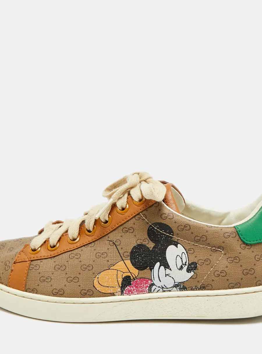 Gucci X Disney Ace Size 37 Brown Coated Canvas and Leather Lace Up Sneakers
