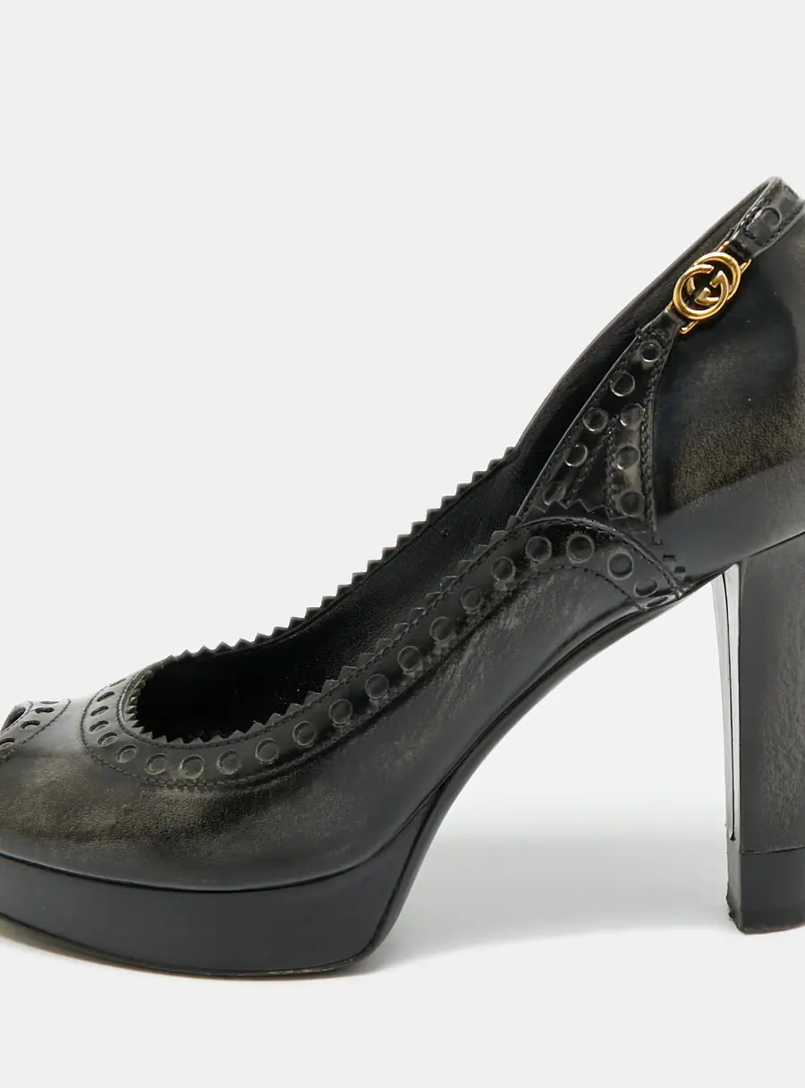 Gucci Size 37.5 Black/Grey Leather Platform Peep Toe Pumps