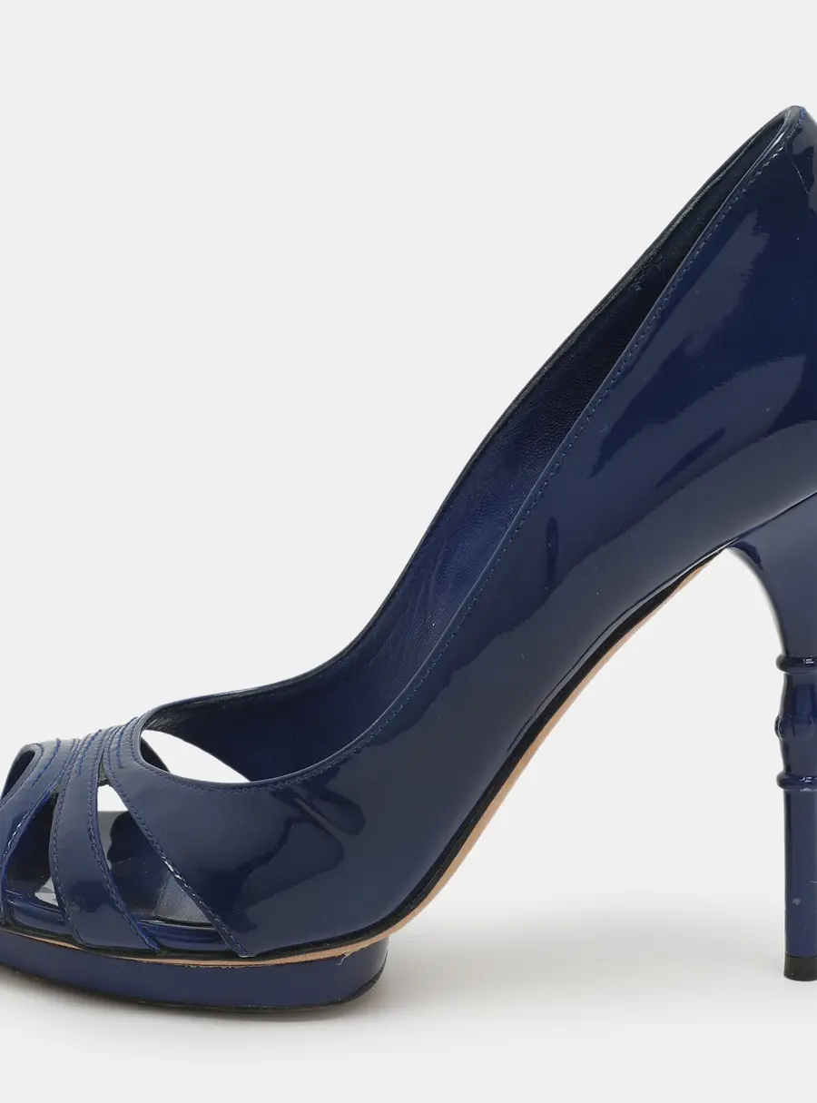 Gucci Bamboo Size 37 Blue Patent Leather Peep Toe Pumps